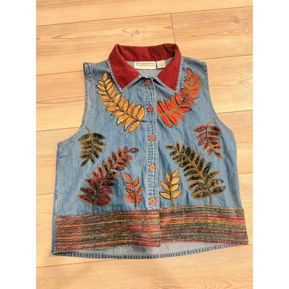 Dress Barn Womens Denim Vest Medium Blue Velvet Leaf Applique Corduroy Collar